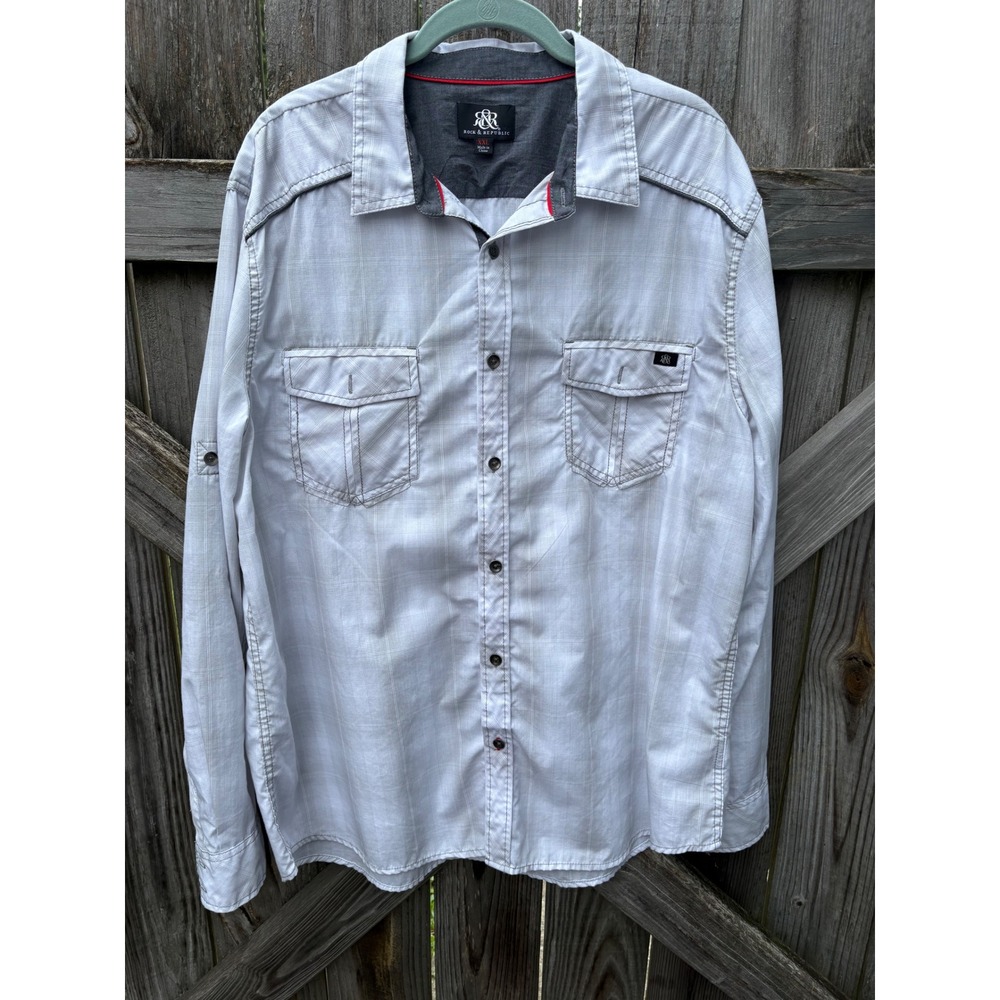 Rock & Republic Mens XXL Grey White Grid Button Down Long Sleeve Roll Tab Shirt